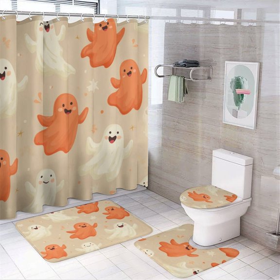 Cute Cartoon Ghosts Shower Curtain 4 Piece Sets Shower Curtain Set with Shower Curtain and Rugs 4 Piece Happy Halloween Holiday Waterproof Personality Pattern Bath Curtains for Bathroom Decor