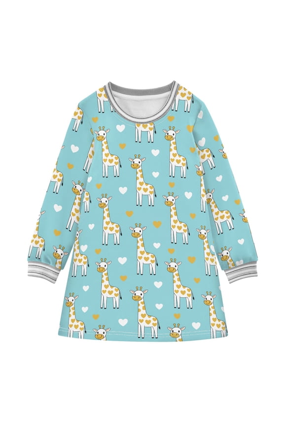 Cute Cartoon Giraffe Heart Girls'long-sleeved dress Thickened A-dress Warm Dress Basic Shirt Party Dresses