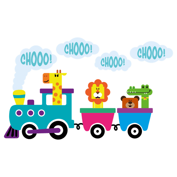 Cute Cartoon of Giraffe Lion Bear and Alligator Riding on a Train with Choo Chat Bubble for Nursery Vinyl Wall Decal - Colorful Railroad with Happy Animals Wall Decoration - 20" x 32"