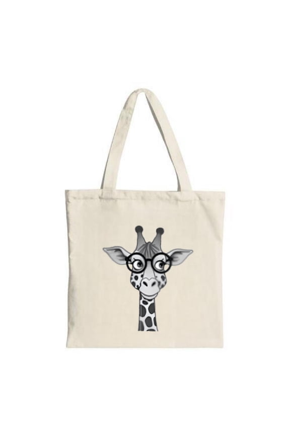 Cute Cartoon Giraffe Tote Bag - Light Beige Canvas with Glasses & Black Spots Perfect for Shopping Travel & Parties