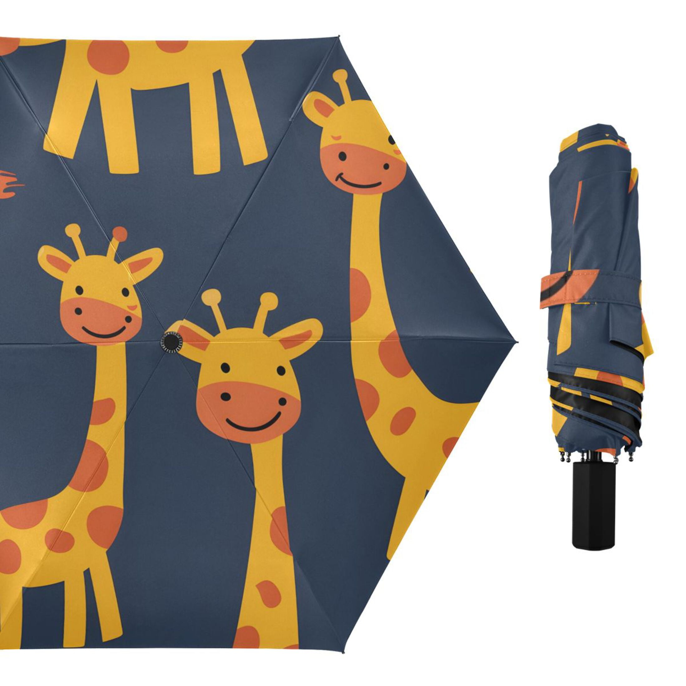 Cute Cartoon Giraffes All Weather Umbrella Triple Folding Parasol 6 Ribs UV Protection Portable