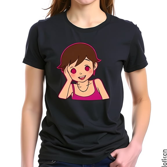 Cute Cartoon Girl Graphic Cotton Short Sleeve T-Shirt - Navy Blue with Playful Design and Pink Accents