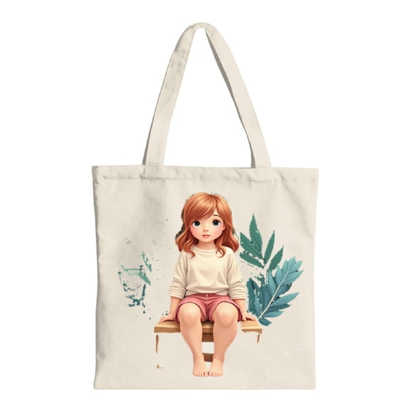 Cute Cartoon Girl Tote Bag - Red - Haired Girl on Bench with Watercolor Leaves - Multifunctional Canvas Bag for Shopping Travel & Parties