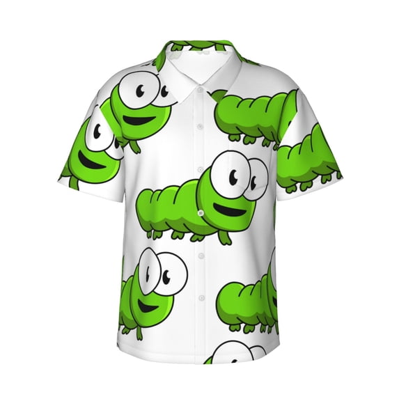 Cute Cartoon Green Caterpillars Men's 3d Print Casual Button Down Shirts, Novelty Hawaiian Short Sleeves L