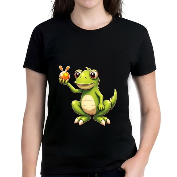Cute Cartoon Green Frog Holding Orange T-Shirt for Women - Short Sleeve Cotton Tee with Fun Design