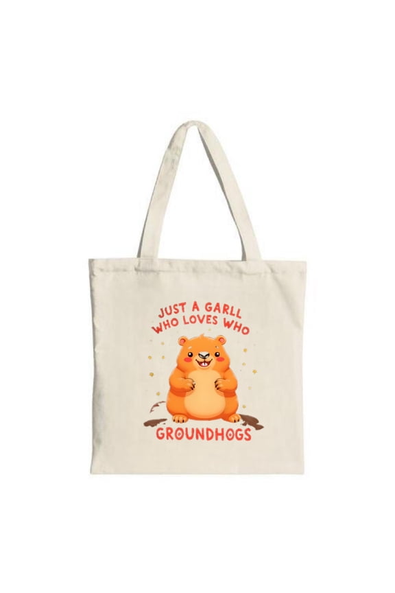 Cute Cartoon Groundhog Tote Bag - White Canvas Stars & Fun Text Perfect for Shopping Travel & Parties Reusable & Stylish