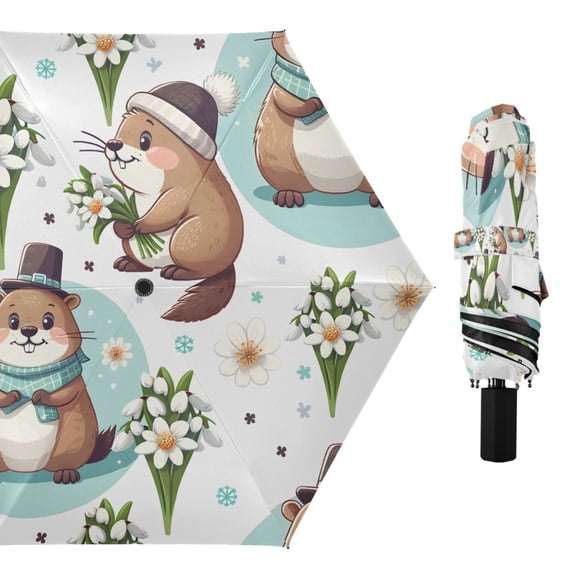 Cute Cartoon Groundhog and Flower Compact Sun Umbrella Windproof Travel Umbrellas for Rain Strong Portable UV Protection