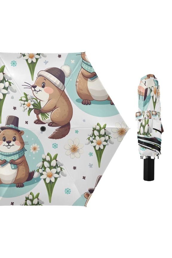 Cute Cartoon Groundhog and Flower Compact Sun Umbrella Windproof Travel Umbrellas for Rain Strong Portable UV Protection
