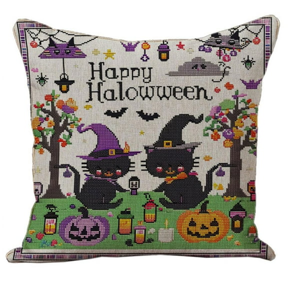 Cute Cartoon Halloween Cat Pumpkin Stamped DIY Cross Stitch Pillow Kits Embroidery Pillowcase 11CT Counted Needlepoint Handmade Cushion Cover Home Sofa Christmas Decoration 18x18inch(4)