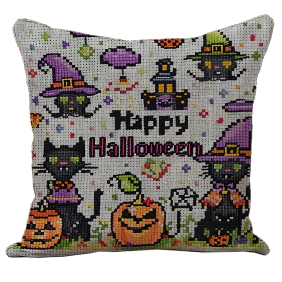 Cute Cartoon Halloween Cat Pumpkin Stamped DIY Cross Stitch Pillow Kits Embroidery Pillowcase 11CT Counted Needlepoint Handmade Cushion Cover Home Sofa Christmas Decoration 18x18inch(1)