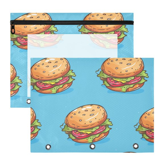 Cute Cartoon Hand Drawn Hamburgers 3-Ring Binder Pouches A4 Size Zipper Pocket File Storage 2 Packs
