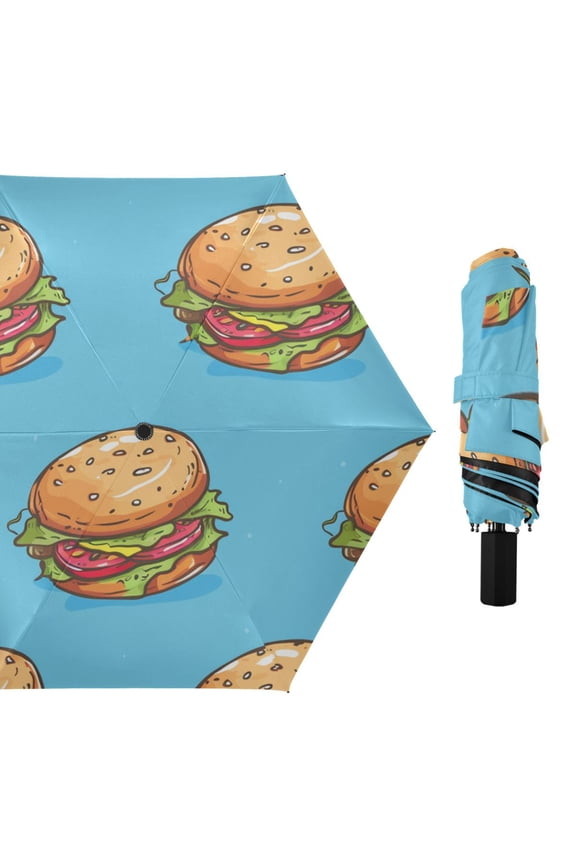 Cute Cartoon Hand Drawn Hamburgers All Weather Umbrella Triple Folding Parasol 6 Ribs UV Protection Portable