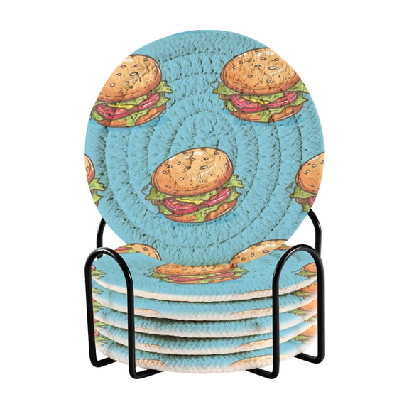 Cute Cartoon Hand Drawn Hamburgers Drinking Coasters Cup Mat with Holder for Kitchen Cafe Bar 6 Packs