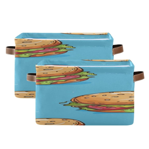 Cute Cartoon Hand Drawn Hamburgers Square Storage Bins with Handles Collapsible Containing Box 2 Packs