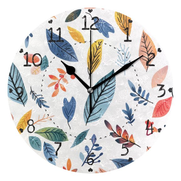 Cute Cartoon Hand Drawn Leaves Colorful Round Wall Clock Silent Analog Battery Operated Black Pointer Home Decor 9.84" Diameter