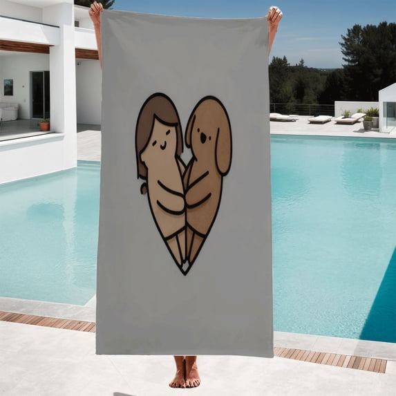 Cute Cartoon Heart Embrace Towel - Human & Dog Design Perfect for Beach ...