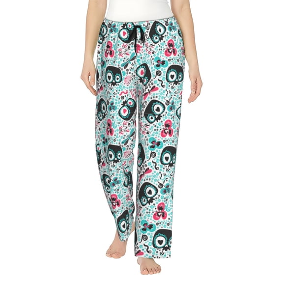 Cute Cartoon Heart Owls Women's Comfy Pajama Pants With Pockets,Soft Stretch Drawstring Lounge Pants, Soft Casual Wide Leg PJS Sleep Bottoms Medium