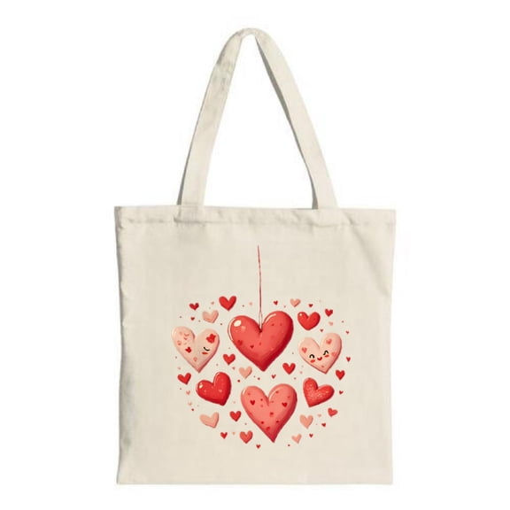 Cute Cartoon Hearts Tote Bag - Fabric Canvas Red & Pink Heart Design with Faces Perfect for Shopping Travel & Parties