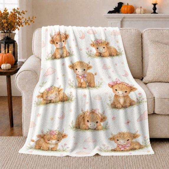 Cute Cartoon Highland Calf Pink Bow Pattern, Festive Holiday Scene, Warm Flannel Blanket for Ranch House and Living Room, Art Lovers Housewarming Gift, Festive Home Decor