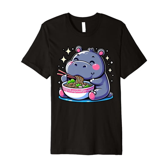 Cute Cartoon Hippo Eating Ramen Noodles T-Shirt for Kawaii Food Lovers