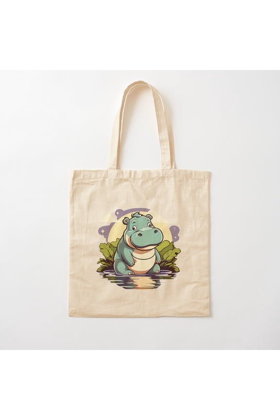 Cute Cartoon Hippo Is Wallowing Canvas Tote Bags, Reusable Shopping Bag