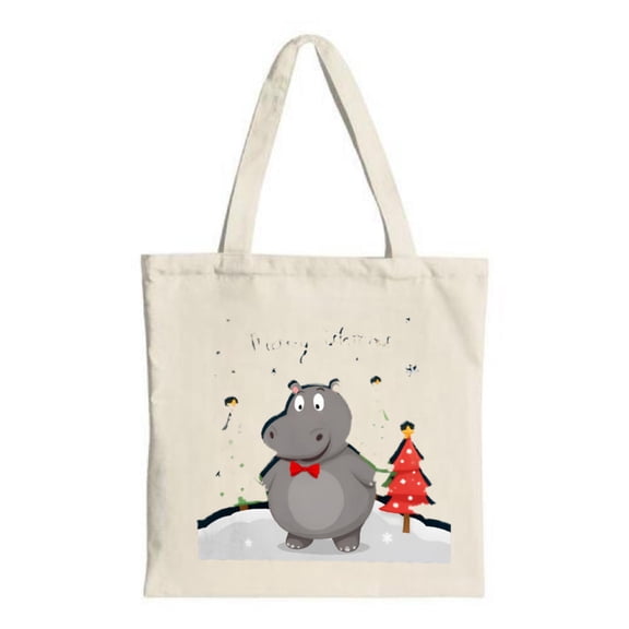 Cute Cartoon Hippo Tote Bag - Red Bow Tie Snowy Scene Christmas Tree & Snowflakes - Perfect for Parties Travel & Shopping