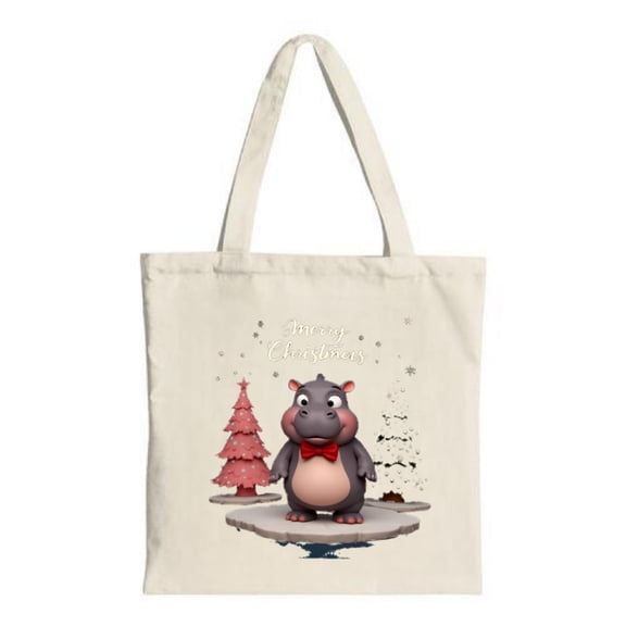 Cute Cartoon Hippo Tote Bag with Red Bow Tie Surrounded by Pink & White Christmas Trees Perfect for Holiday Shopping & Parties