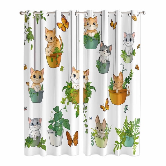 Cute Cartoon Kitchen Curtains 96 Inch Length, Cat Butterfly Spring Floral Botanical Grommet Top Bedroom Living Room Curtains, Light Filtering Cafe Curtain Drapes 2 Panels Set 104''x96''