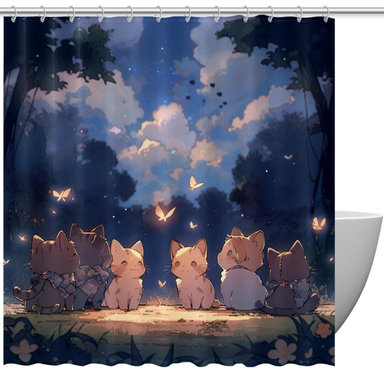 Cute Cartoon Kitten Shower Curtain Set with Hooks,Home Bathroom