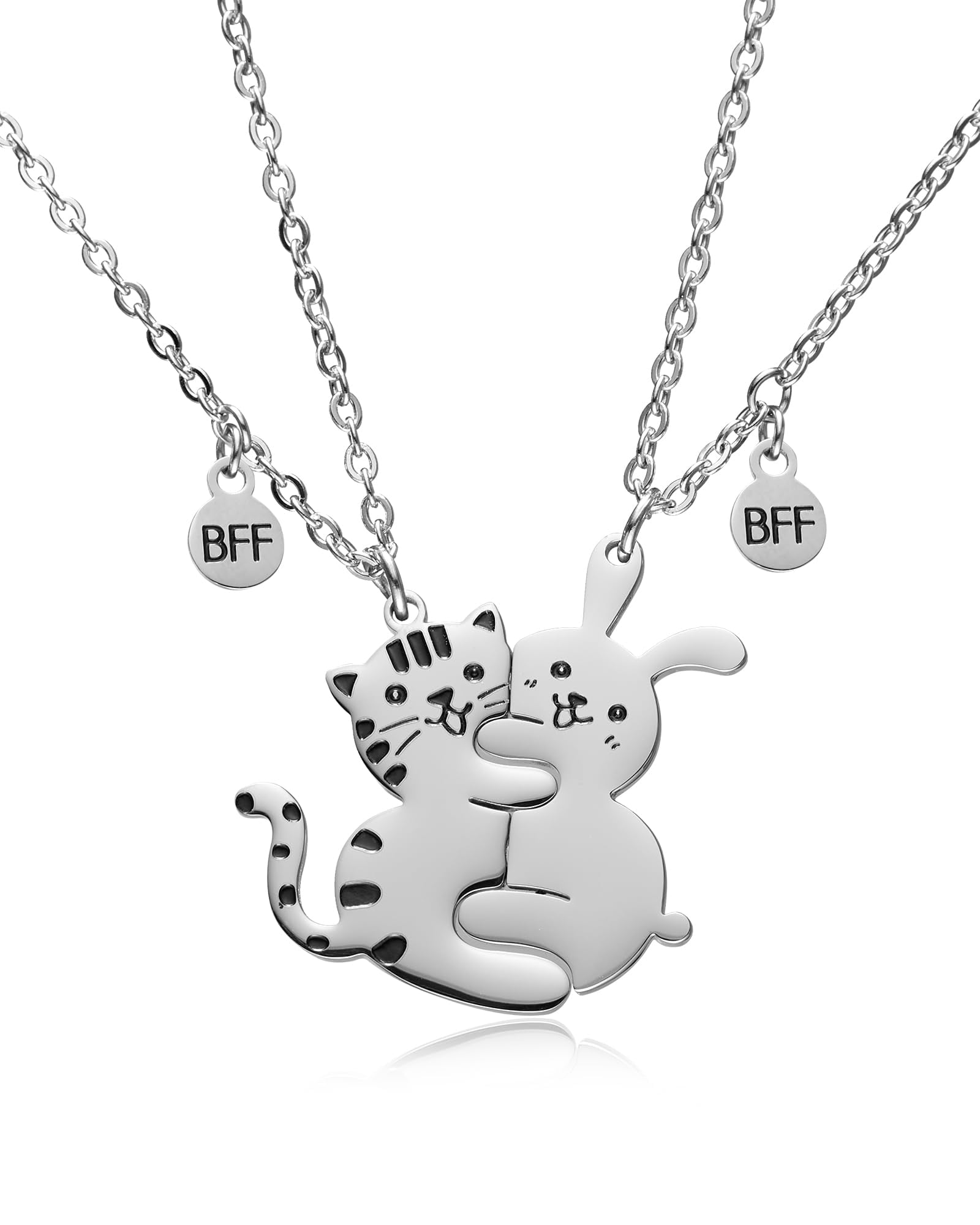 Cute Cartoon Kitty and Rabbit Magnetic Matching Friendship Necklace Set Best Friend Necklace Gifts for 2 Girls BFF Sister