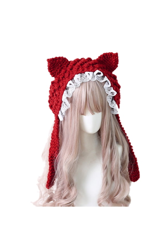 Cute Cartoon Knitted Kitten Hat Winter Warm Earflap Hat with Bowknots Lovely Photo Props Ruffle Lace Hat