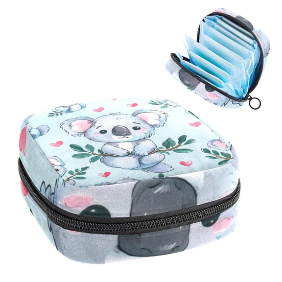 Cute Cartoon Koala Bear and Hearts Sanitary Napkin Storage Bag, Zipper Menstrual Cup Pouch Feminine Menstruation First Period Pads Holder for Girls Women Ladies