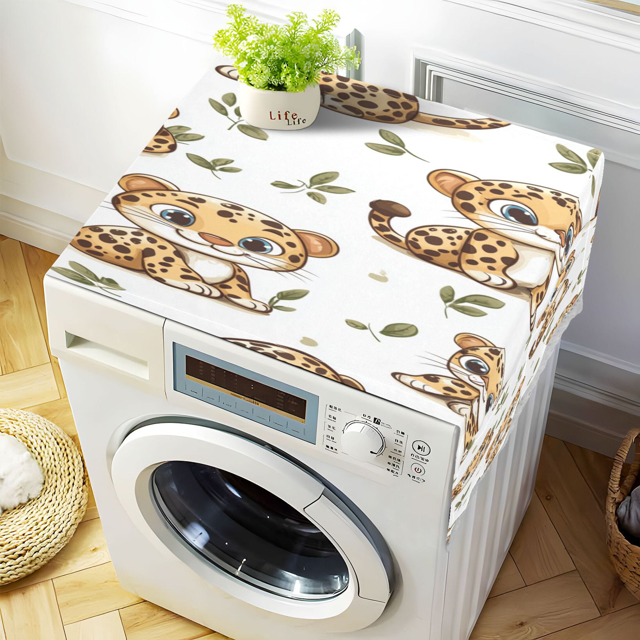 Cute Cartoon LeopardsWasher and Dryer Covers Dust-Proof and Oil Resistant Fridge Cover with 4 Storage Pockets Washing Machine Top Cover for Laundry Kitchen Home 51.2 x 22 In