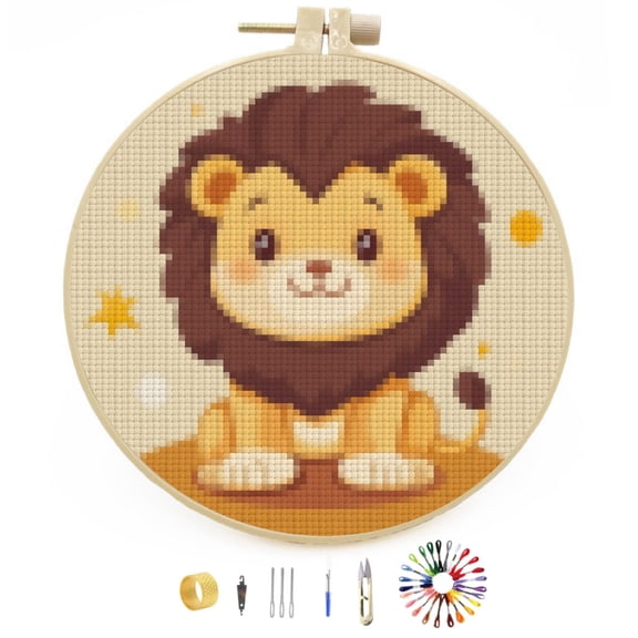 Cute Cartoon Lion Easy Stamped Cross Stitch Kits for Beginners with Hoop Simple Patterns 11CT Counted Embroidery Needlepoint Crafts Arts for DIY Enthusiasts and Home Decor 26x26cm(1)