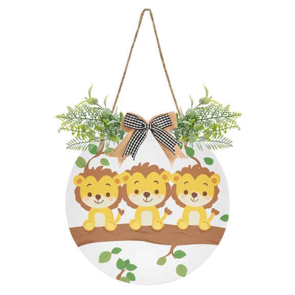 Cute Cartoon Lion Sitting on Tree Front Door Porch Decoration Hanging Sign with Artificial Green Plants and Bow for Home Outdoor Indoor