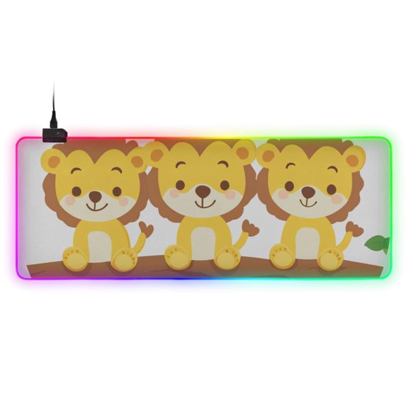 Cute Cartoon Lion Sitting on Tree RGB Gaming Mouse Pad Large Keyboard Mat Rubber Base 13 Light Modes
