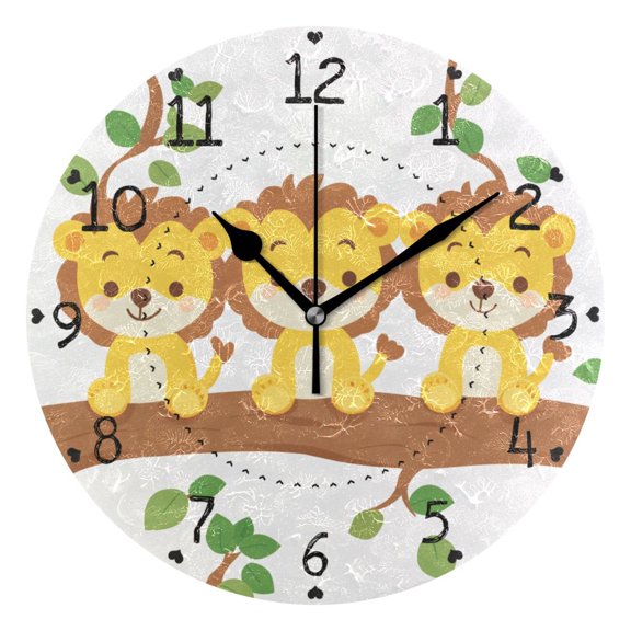 Cute Cartoon Lion Sitting on Tree Round Wall Clock Silent Battery Operated Home Decor for Living Room Bedroom