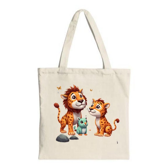 Cute Cartoon Lion & Tiger Cub Tote Bag - Canvas Multifunctional Reusable Shopping Bag for Parties Travel & Shopping Playful Design