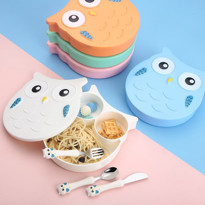 Cute Cartoon Lunch Box, Plastic 3 Compartments Food Container with Spoon and Fork, Cartoon Owl Bento Box Food Safe Microwave Storage Container