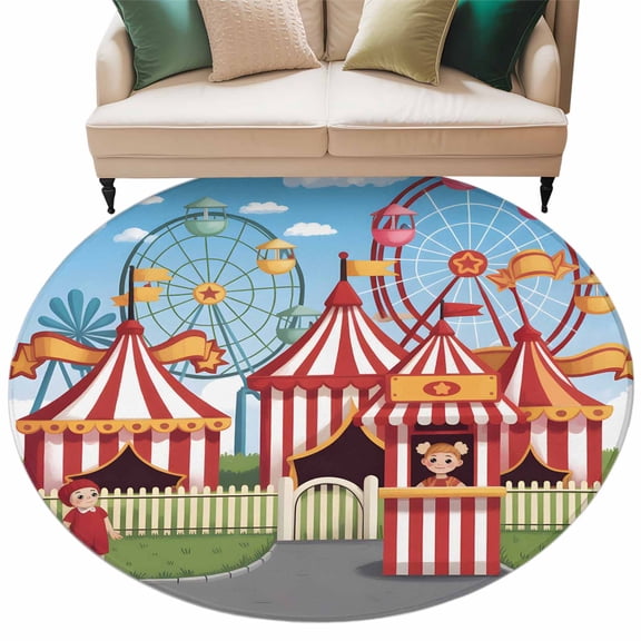 Cute Cartoon Man Area Rug, Ferris Wheel Amusement Park Cloud Washable Large Circle Carpet, Non Slip Round Rug for Living Room/Bedroom/Dining Room/Home Office/Dorm