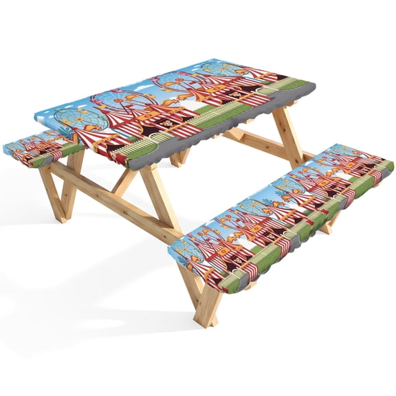Cute Cartoon Man Picnic Table Cover with Bench Covers Ferris Wheel Amusement Park Cloud Waterproof Fitted Picnic Tablecloth 3 Pieces Set Table Cloth for Outdoor Camping Garden BBQ