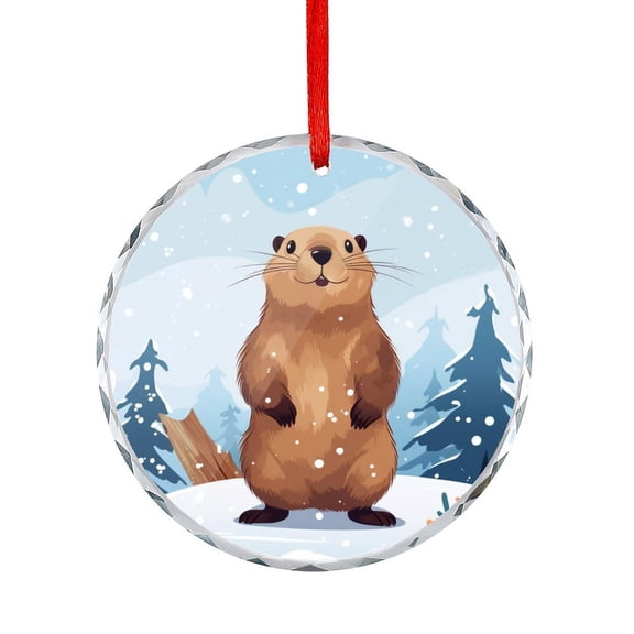 Cute Cartoon Marmot, Groundhog Animal in Snowing Winter Crystal Glass Ornament Marmot Gifts Crystal Glass Christmas Decor with Holiday Design Hanging Craft Collectibles for Xmas Trees Home Party