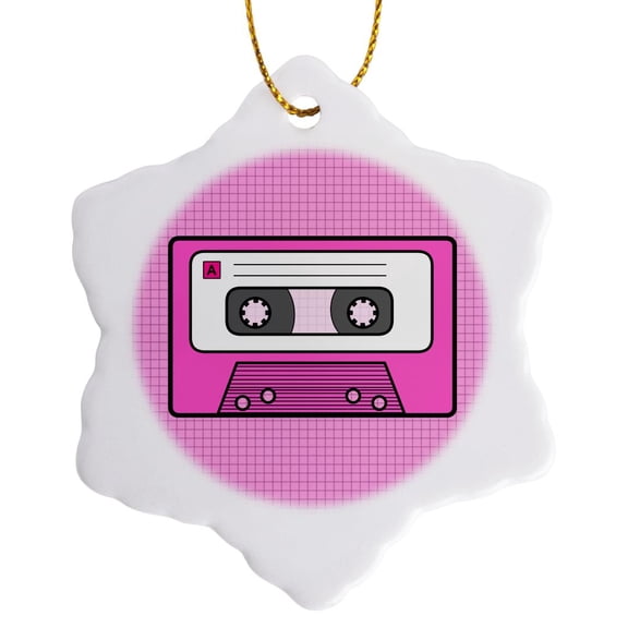 3drose, Cute Cartoon Mixtape Design on Pink - Retro Mix Tape, 3 inch Snowflake Porcelain Ornament