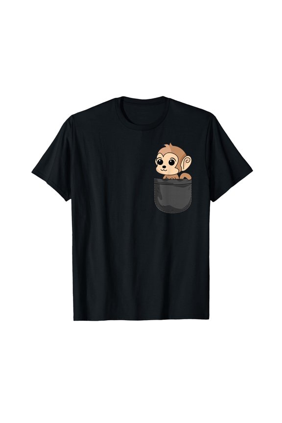 Cute Cartoon Monkey Pocket T-Shirt for Animal Lovers - Fun Gift Idea