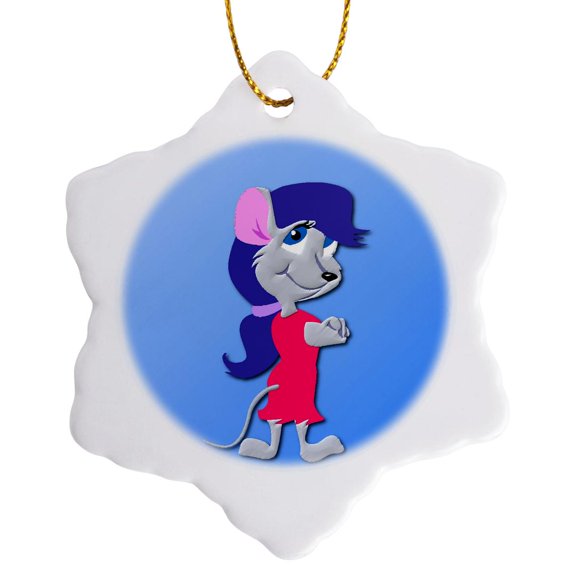 3drose, Cute Cartoon Mouse on a Blue Background, 3 inch Snowflake Porcelain Ornament