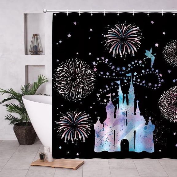 Cute Cartoon Mouse Shower Curtain Fantasy Castle Bath Curtain Sets Black Anime Home Decor Gift for Children Kids 72x72 Inch Accessories Great for Showers Bathtubs