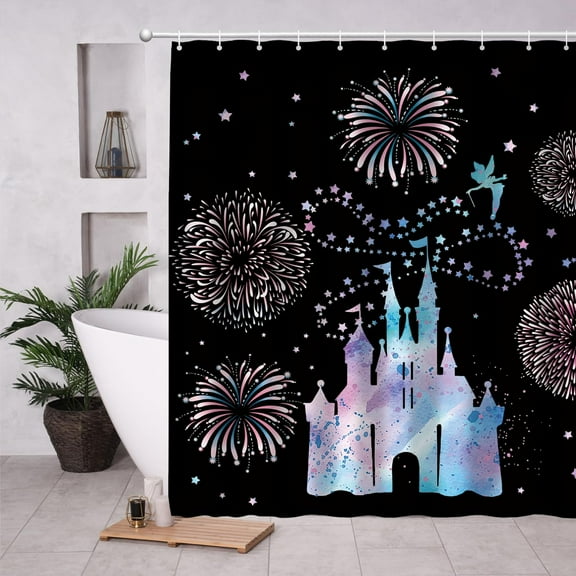 Cute Cartoon Mouse Shower Curtain Fantasy Castle Bath Curtain Sets Black Anime Home Decor Gift for Children Kids 72x72 Inch Accessories Great for Showers Bathtubs