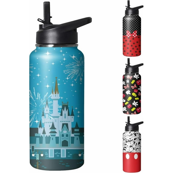 Cute Cartoon Mouse Tumbler with Top Handle and Straw Lid Gift for Boys Girls Water Bottle Travel Kettle Cup for Car Cold and Hot Stainless Steel Double Wall Insulated Mug (dream castle, 32OZ)