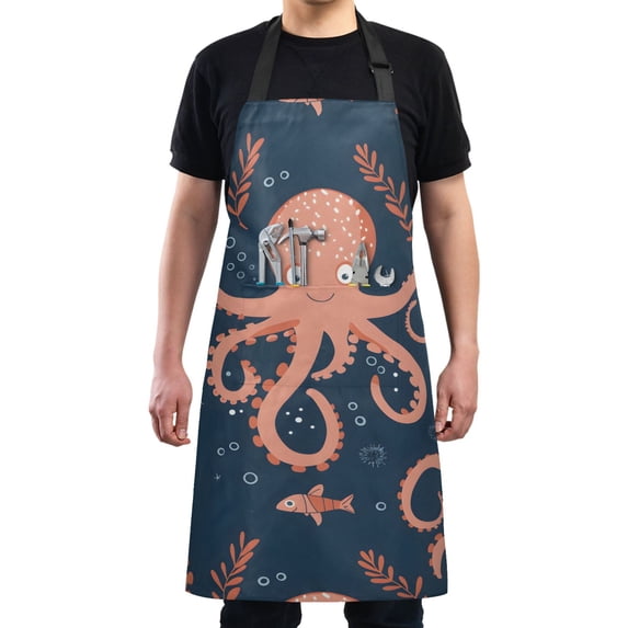 Cute Cartoon Octopus Kitchen Apron with 2 Pockets Adjustable waterproof Cooking Aprons for Women Men Chef