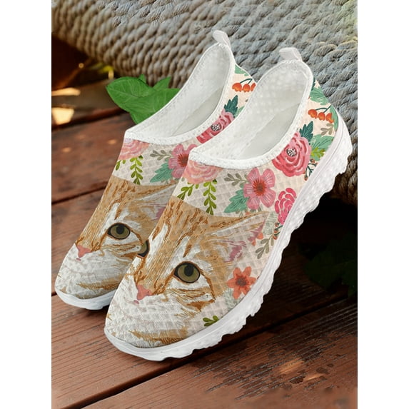 Cute Cartoon Orange Cat/kitten Hibiscus Print Summer Women's Shoes Comfortable Flat Loafers Soft Sole Slip On Shoes
